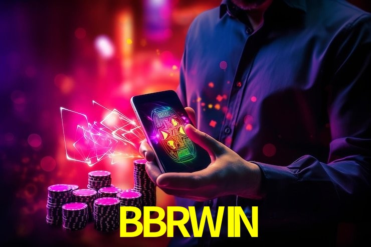 Escena dinámica inspirada en casino con iluminación BBRWIN, cartas, fichas e íconos de juegos digitales en un espacio moderno de juegos.