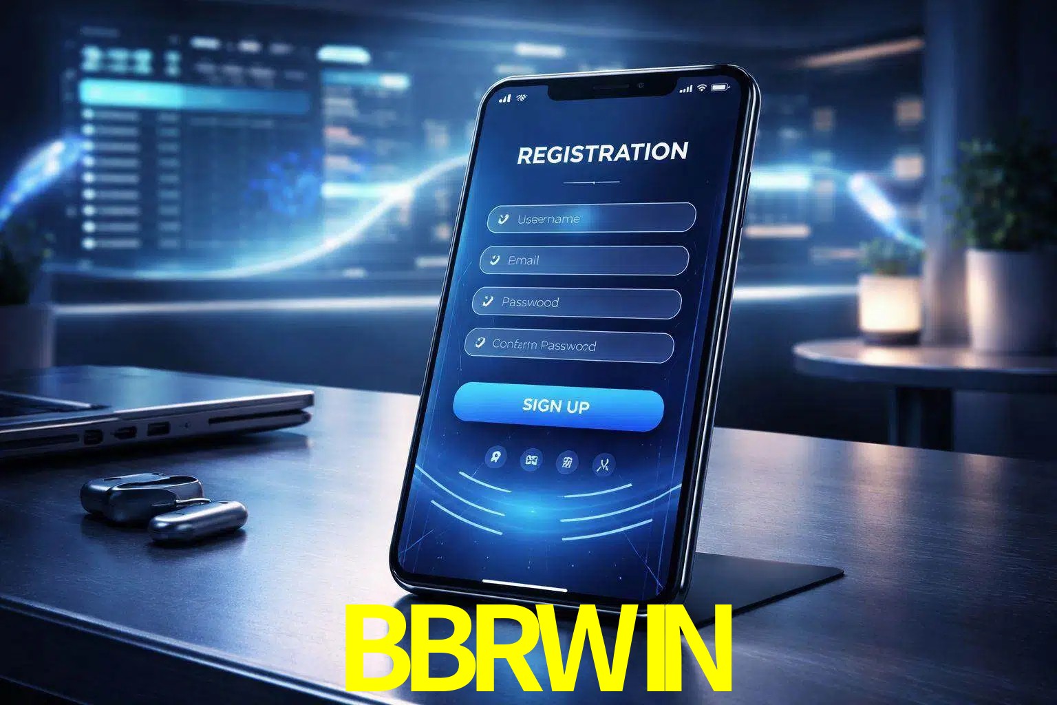 Una interfaz moderna de registro móvil para BBRWIN mostrada en un smartphone con un panel de apuestas elegante.